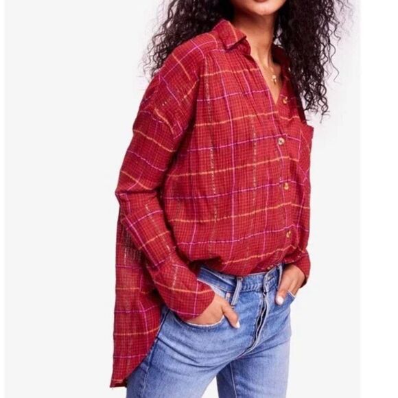 Free People ‘Break My Stride’ Metallic Button‎ Shirt - Size S - Picture 3 of 8